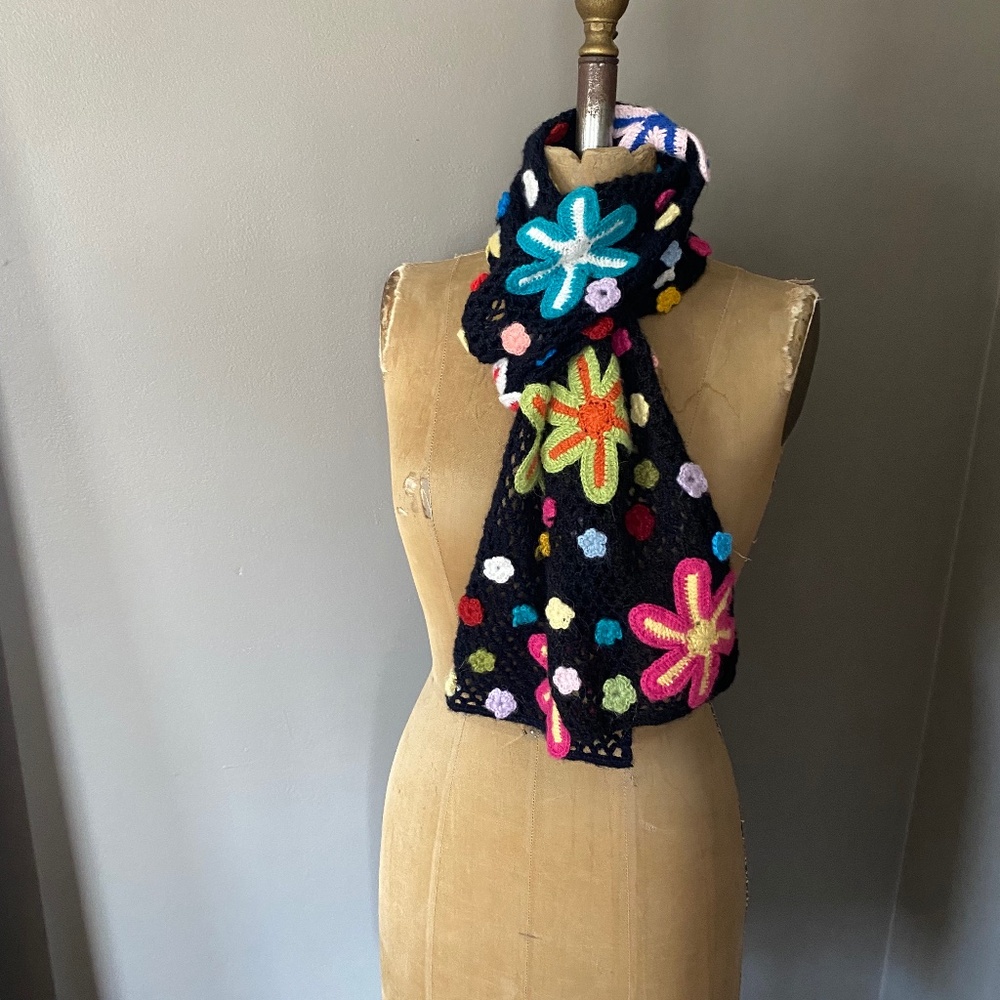 Hand Crocheted And Embroidered Wool Scarf